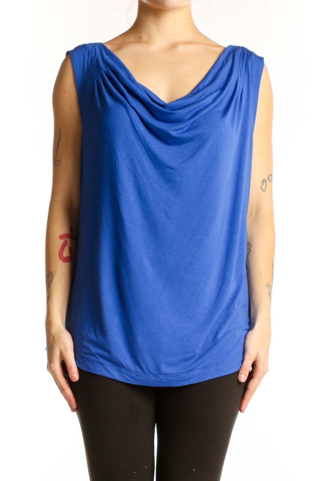 Blue cowl neck sleeveless tank top by Calvin Klein, front view on model, size 2X