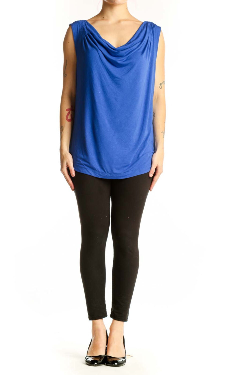 Blue cowl neck sleeveless tank top by Calvin Klein, front view on model, size 2X