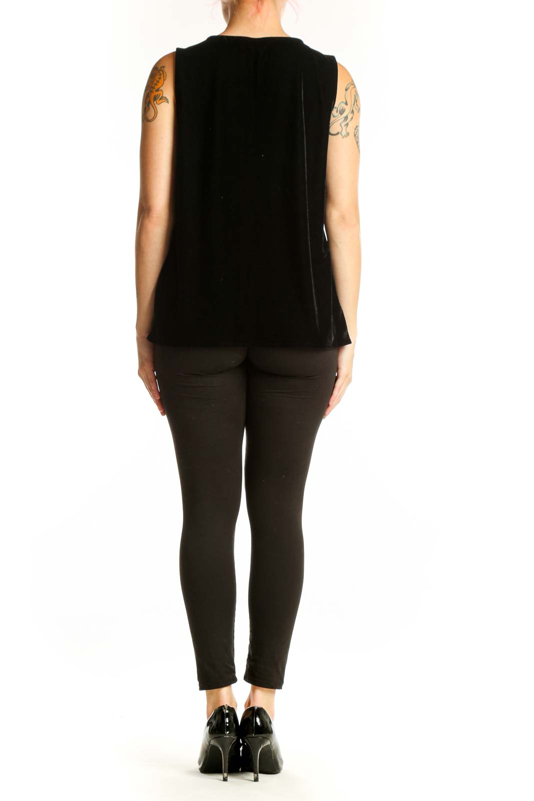 Black velvet sleeveless tank top with V-neckline, back view on model
