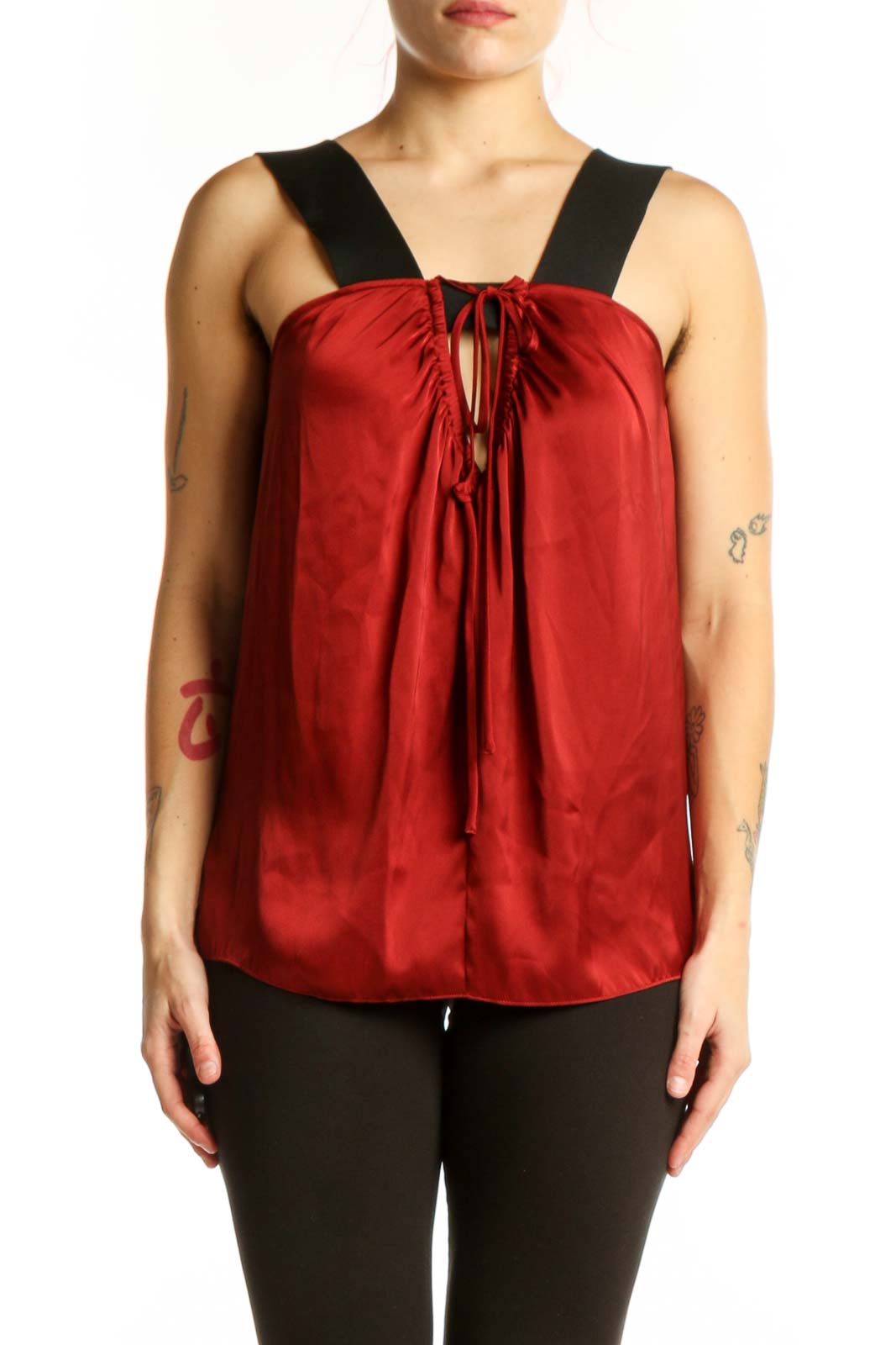 Red sleeveless top with black shoulder straps and drawstring neckline detail, front view