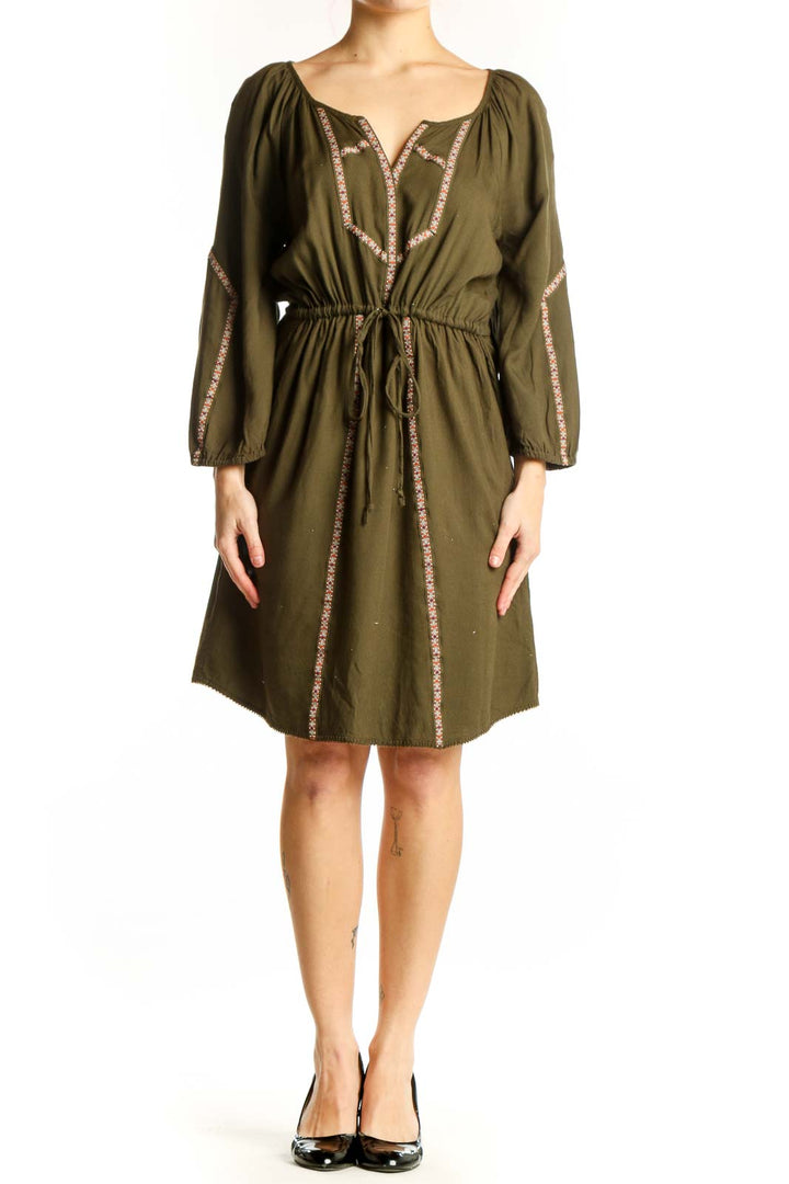 Olive green peasant dress with embroidered neckline and long sleeves, front view