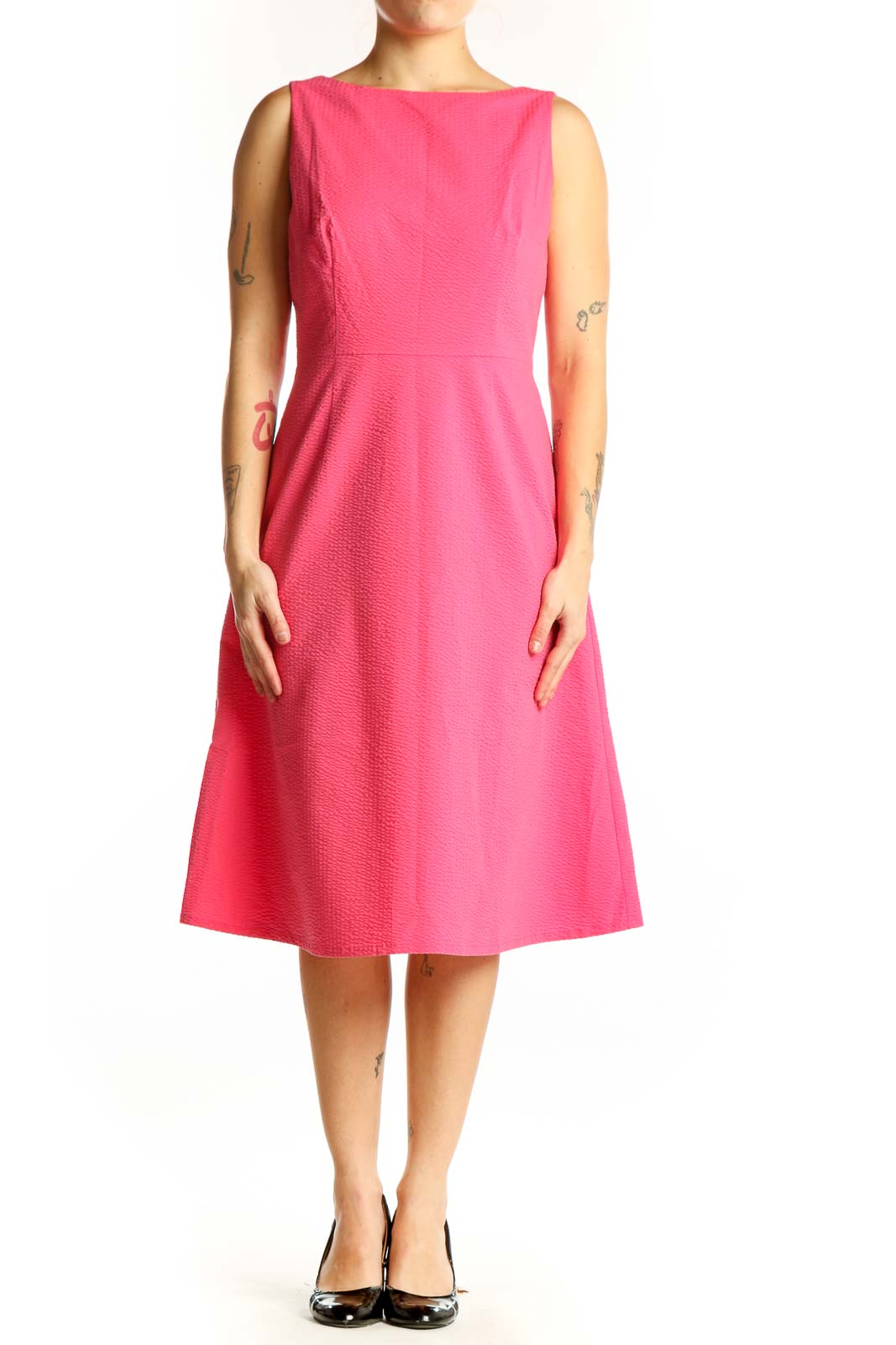 Front view of pink A-line sleeveless midi dress by Isaac Mizrahi with boat neckline