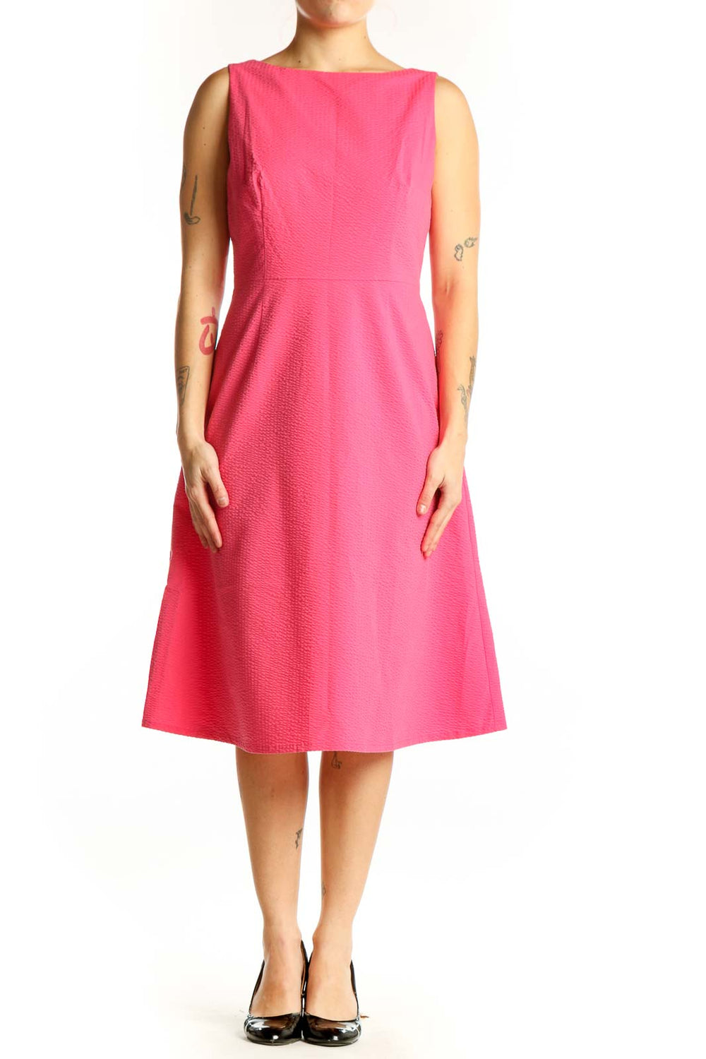 Front view of pink A-line sleeveless midi dress by Isaac Mizrahi with boat neckline