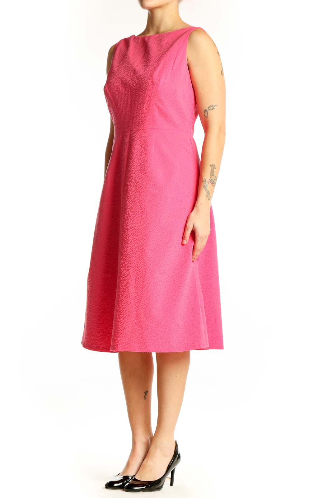 Front view of pink A-line sleeveless midi dress by Isaac Mizrahi with boat neckline