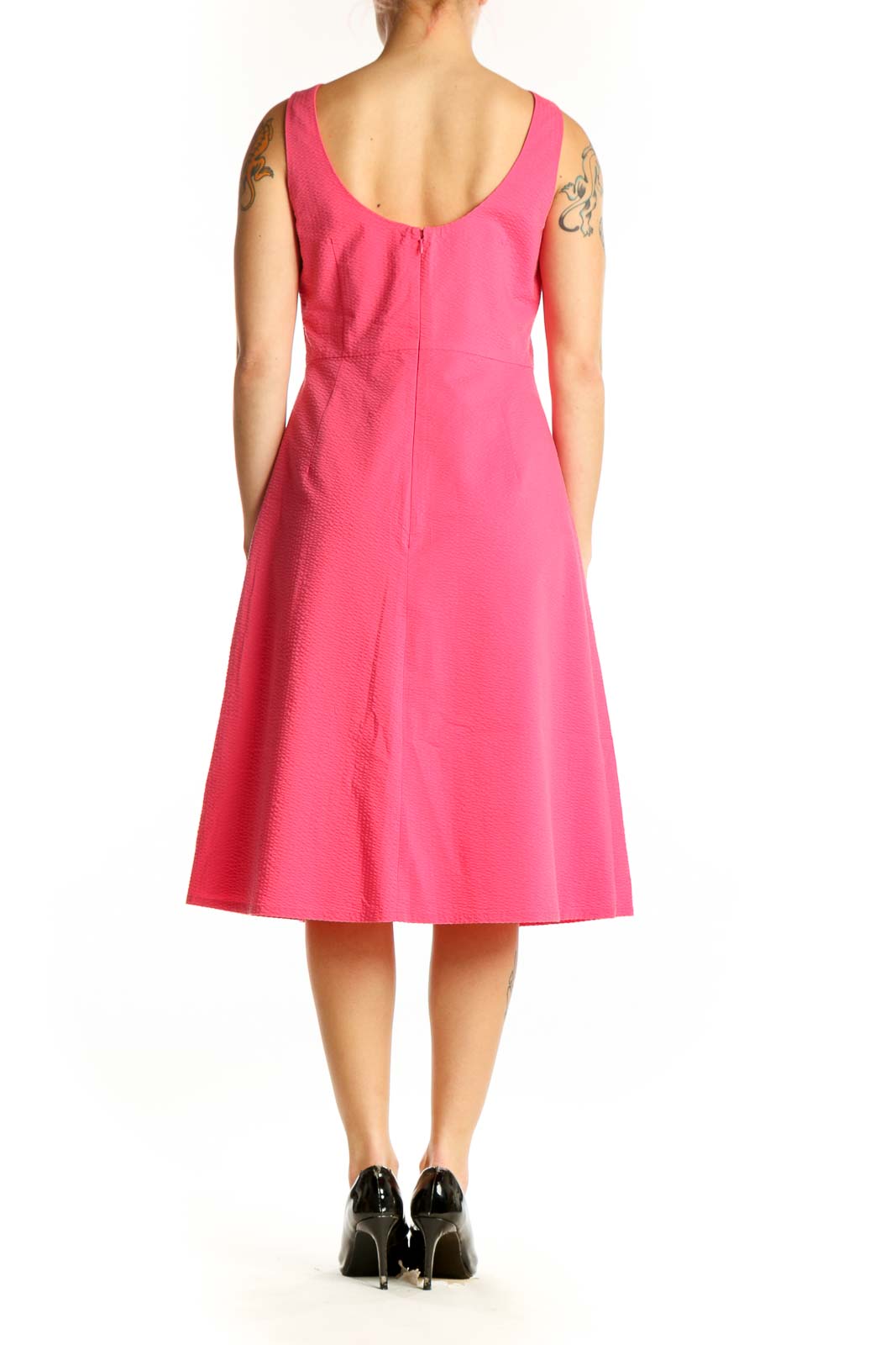 Back view of pink A-line sleeveless midi dress by Isaac Mizrahi showing elegant draping