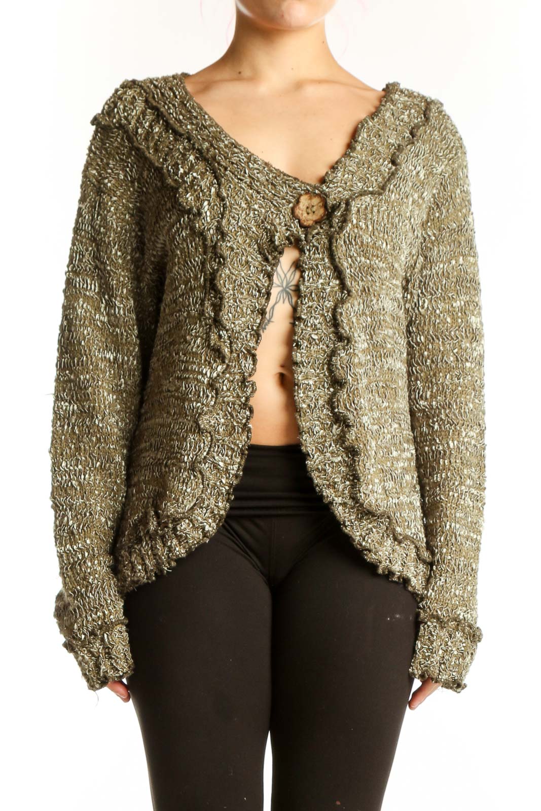 Sage green knit cardigan with ruffled edges and button closure, front view