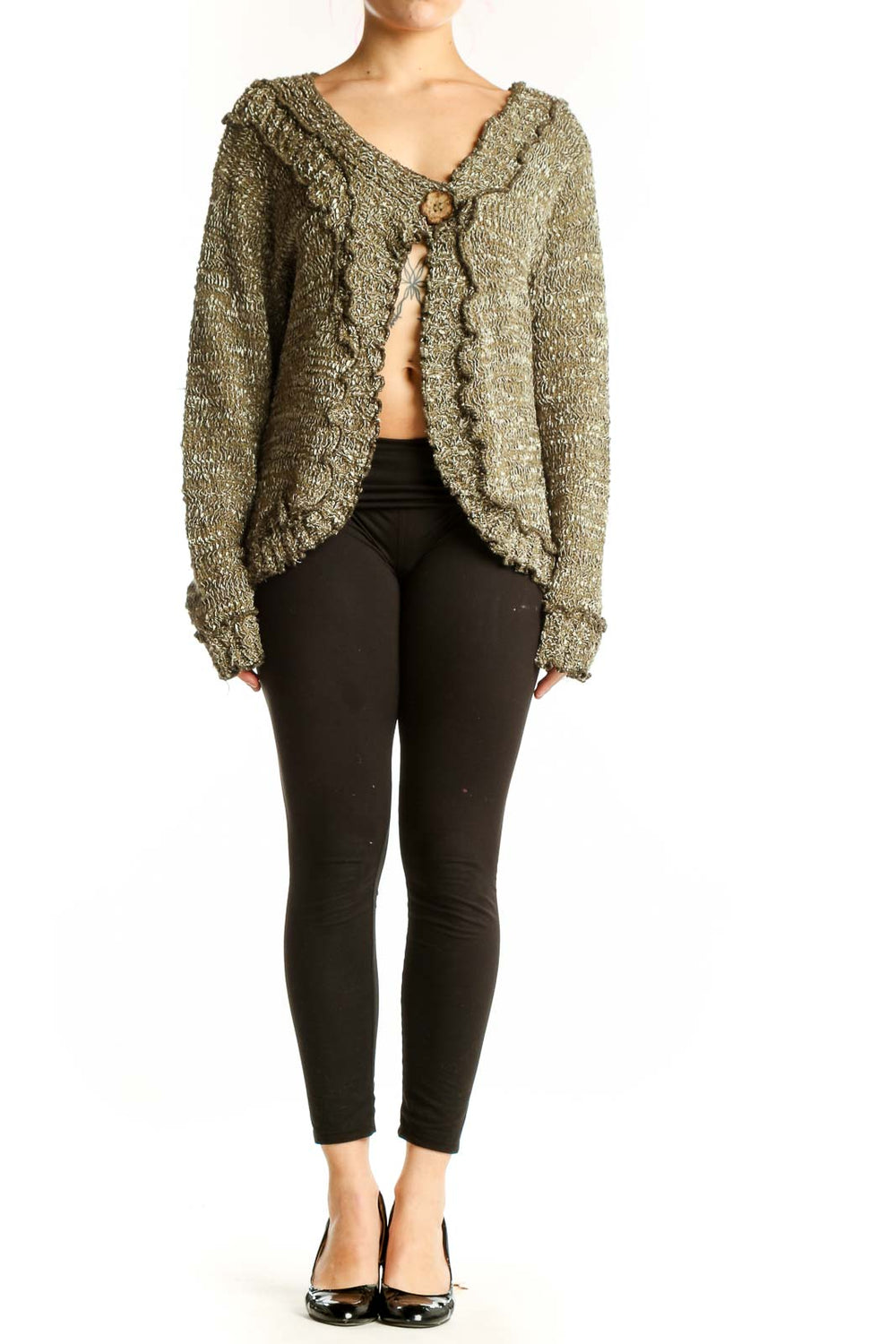 Sage green knit cardigan with ruffled edges and button closure, front view