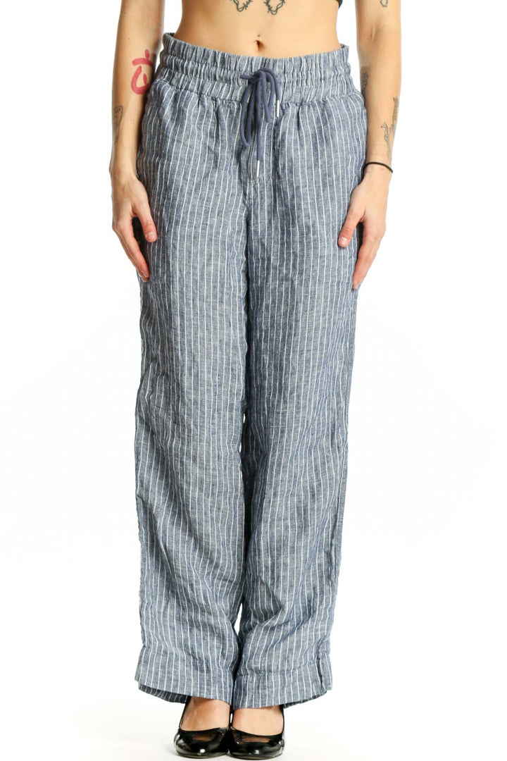 Gray pinstriped linen wide-leg pants with elastic waistband and drawstring tie, front view