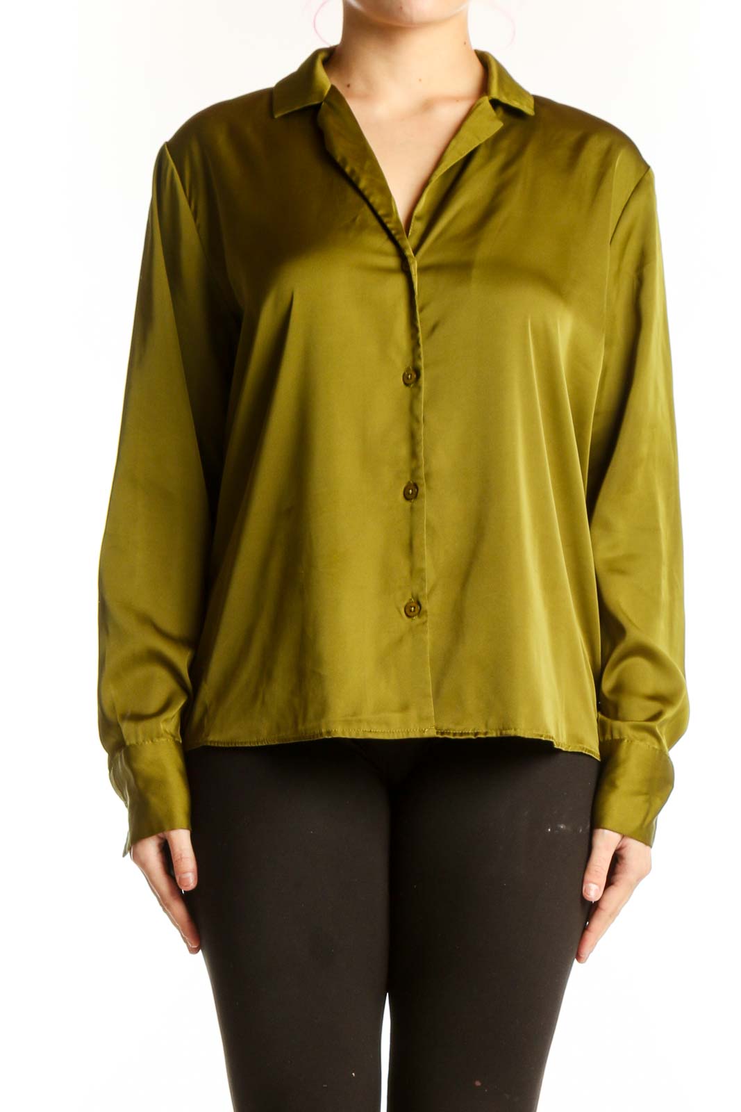 Olive green button-up blouse with long sleeves and collared neckline, front view