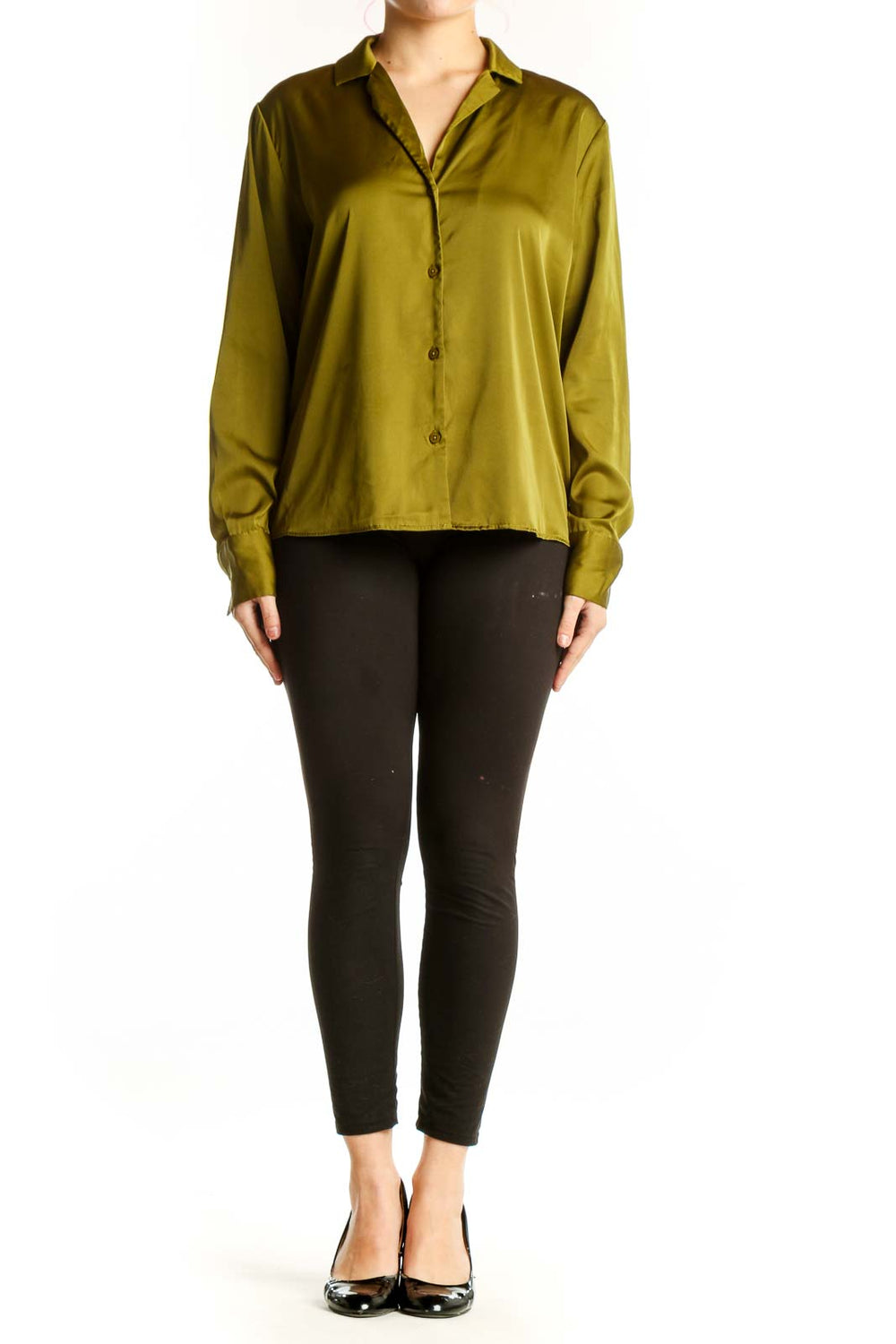 Olive green button-up blouse with long sleeves and collared neckline, front view