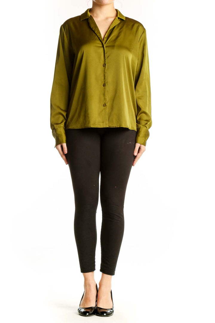 Olive green button-up blouse with long sleeves and collared neckline, front view