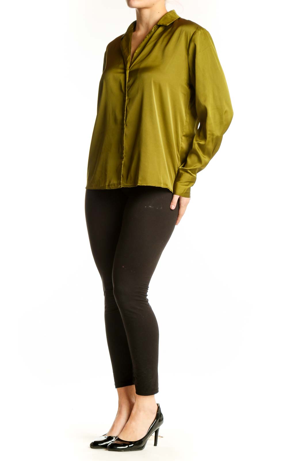Olive green button-up blouse with long sleeves and collared neckline, front view