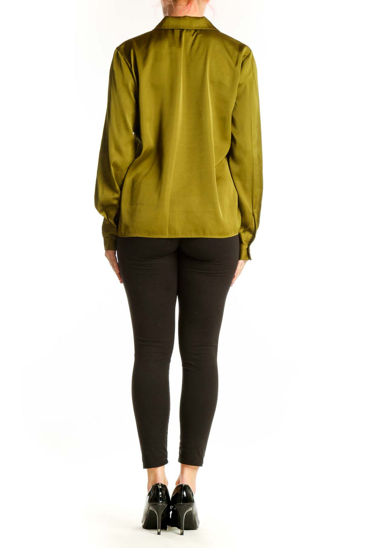 Olive green button-up blouse back view showing relaxed fit and cropped silhouette