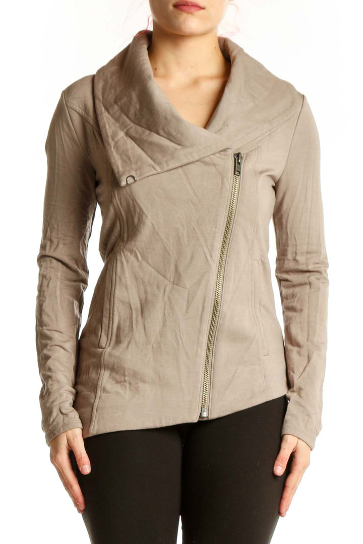 Beige quilted Helmut Lang jacket with asymmetrical zip closure and draped cowl neckline, front view