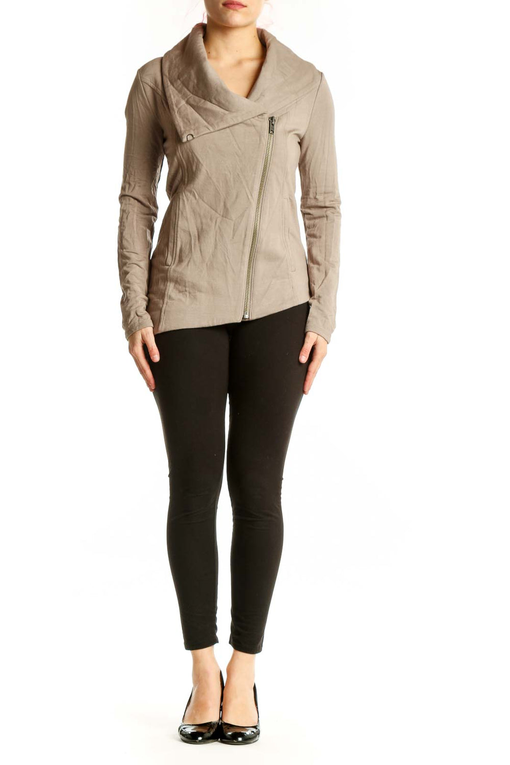 Beige quilted Helmut Lang jacket with asymmetrical zip closure and draped cowl neckline, front view