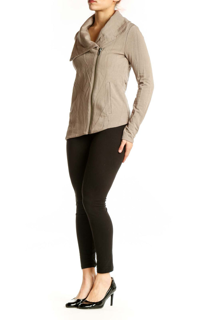 Beige quilted Helmut Lang jacket with asymmetrical zip closure and draped cowl neckline, front view