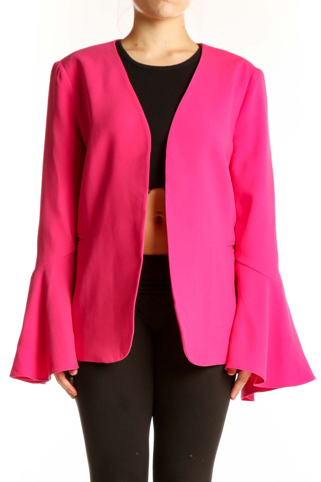 Front view of pink bell sleeve blazer jacket with open front design and black trim