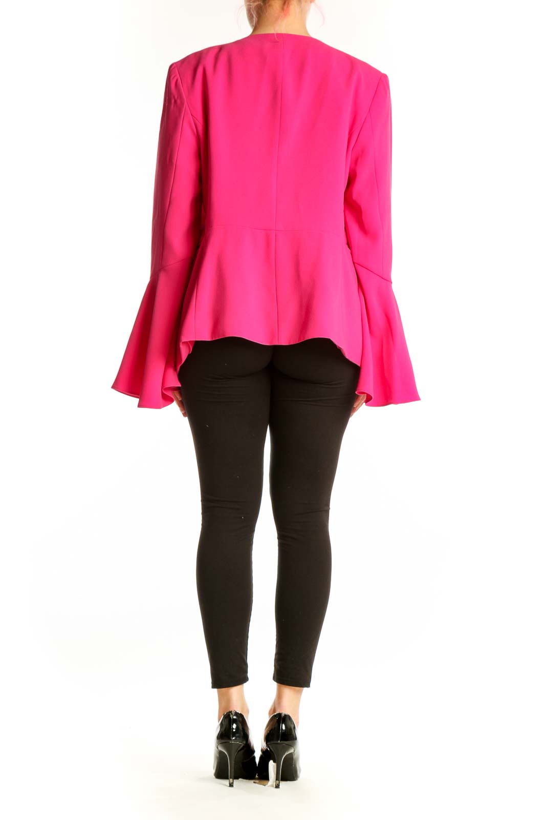 Back view of pink bell sleeve blazer jacket showing tailored fit and flowing bell sleeves