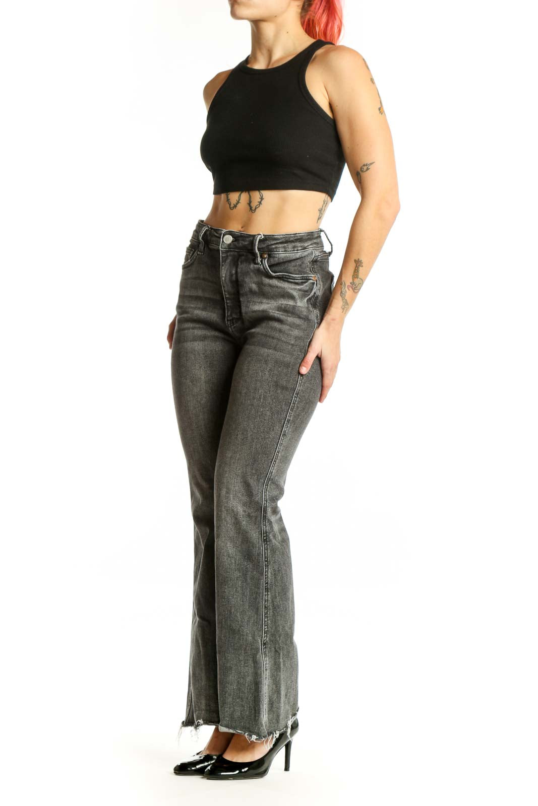 Front view of gray flare denim jeans by JUDY BLUE with high-rise waist and distressed hem detail