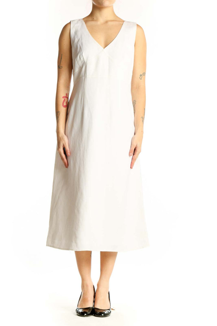 Cream linen rayon V-neck sleeveless midi dress front view