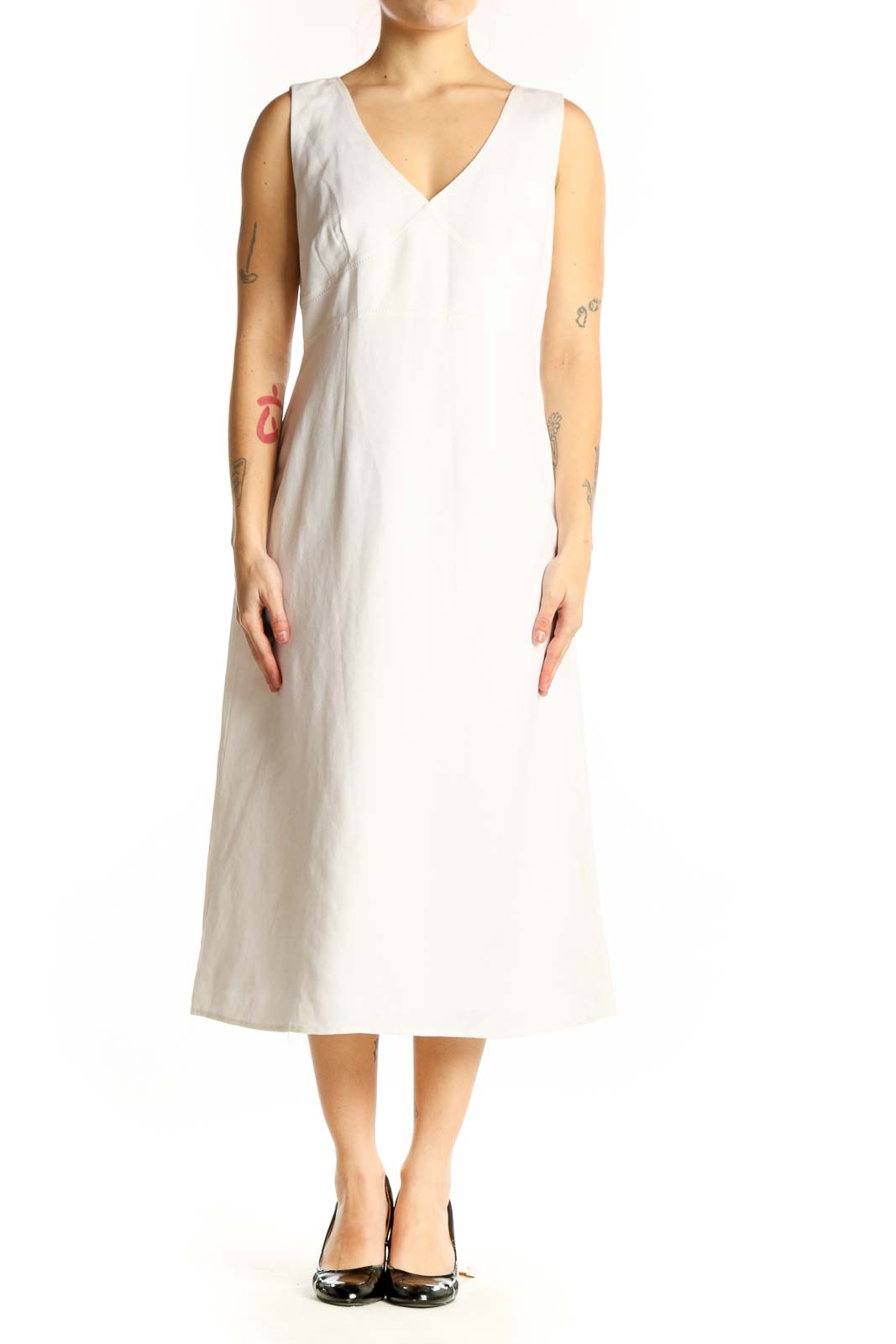 Cream linen rayon V-neck sleeveless midi dress front view