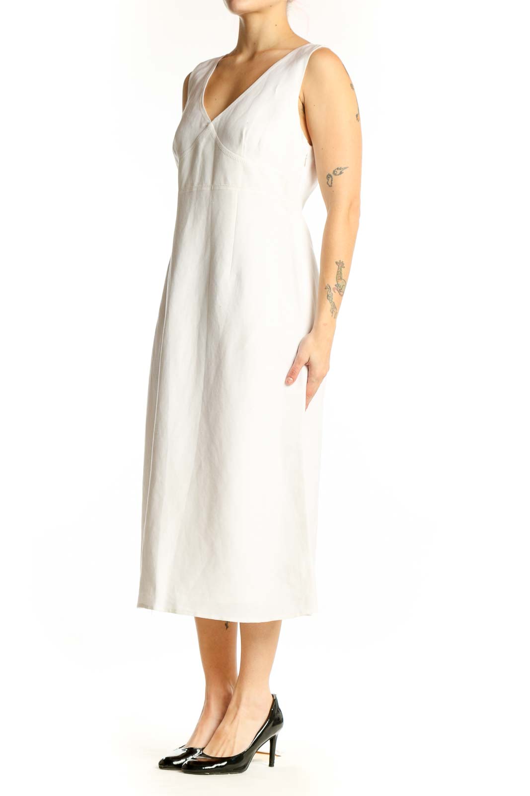 Cream linen rayon V-neck sleeveless midi dress front view