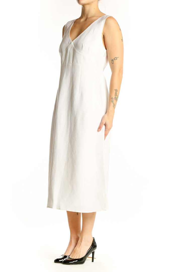 Cream linen rayon V-neck sleeveless midi dress front view