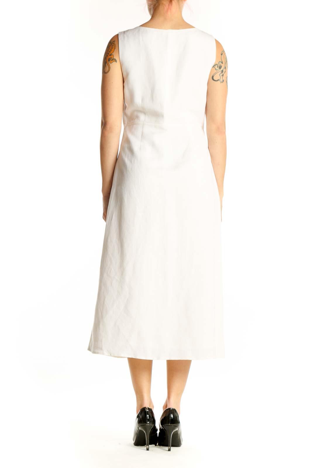 Cream linen rayon V-neck sleeveless midi dress back view