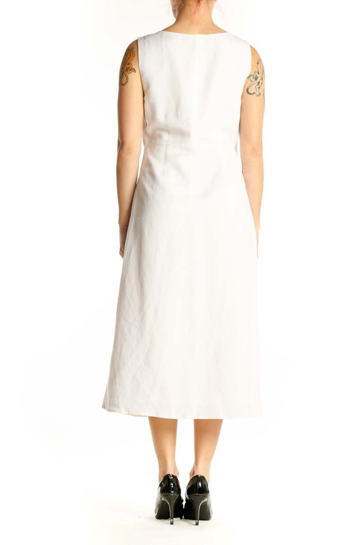 Cream linen rayon V-neck sleeveless midi dress back view