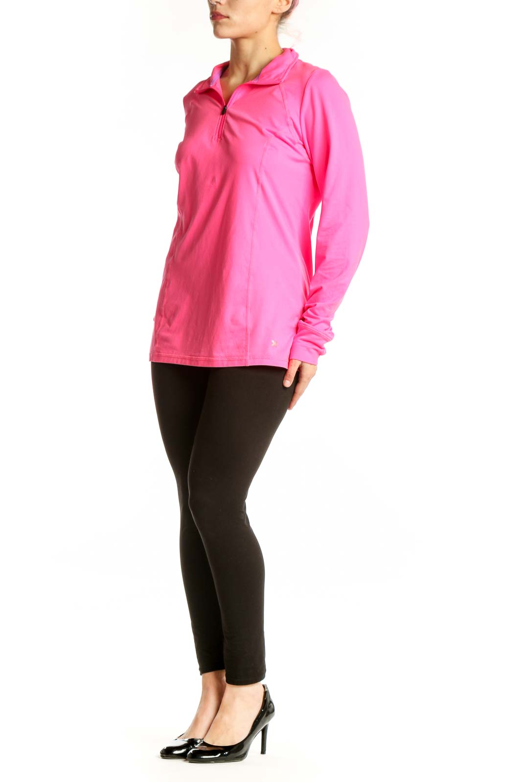 Pink half-zip activewear pullover with raglan sleeves and collar, front view
