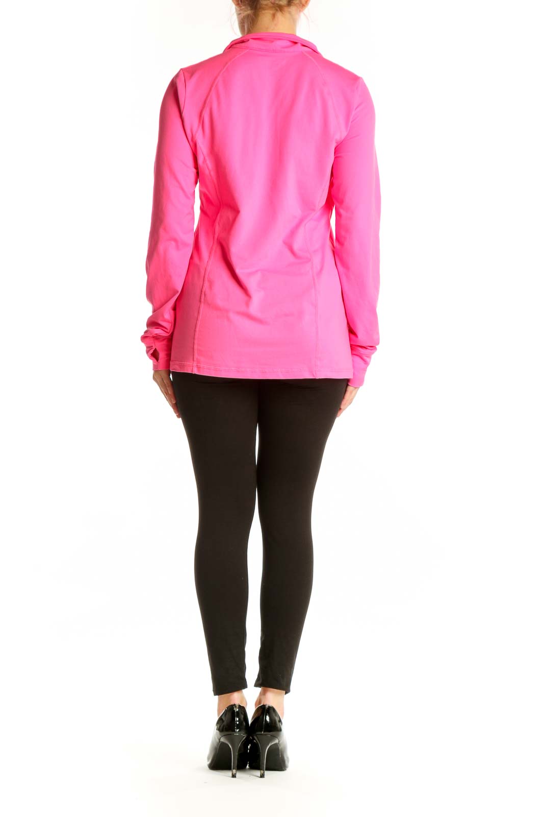Pink half-zip activewear pullover back view showing relaxed fit and long sleeves