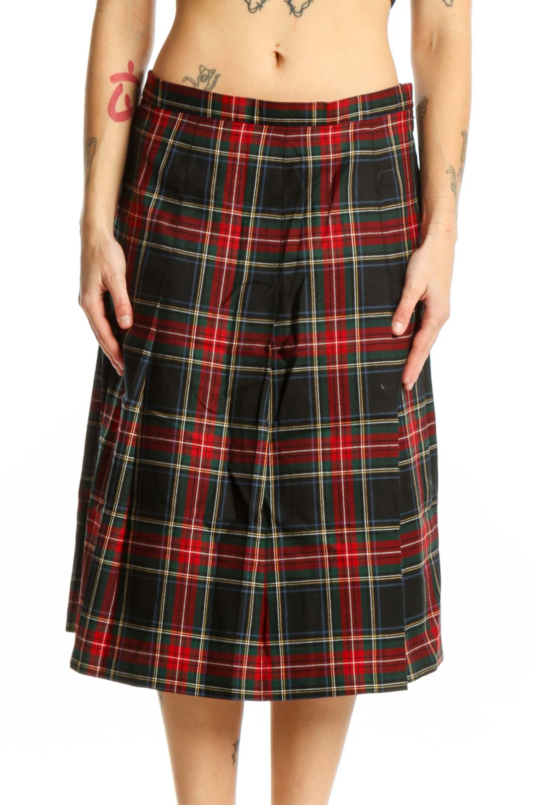 Red tartan plaid A-line wool skirt by Pendleton, front view showing classic plaid pattern and flattering midi length