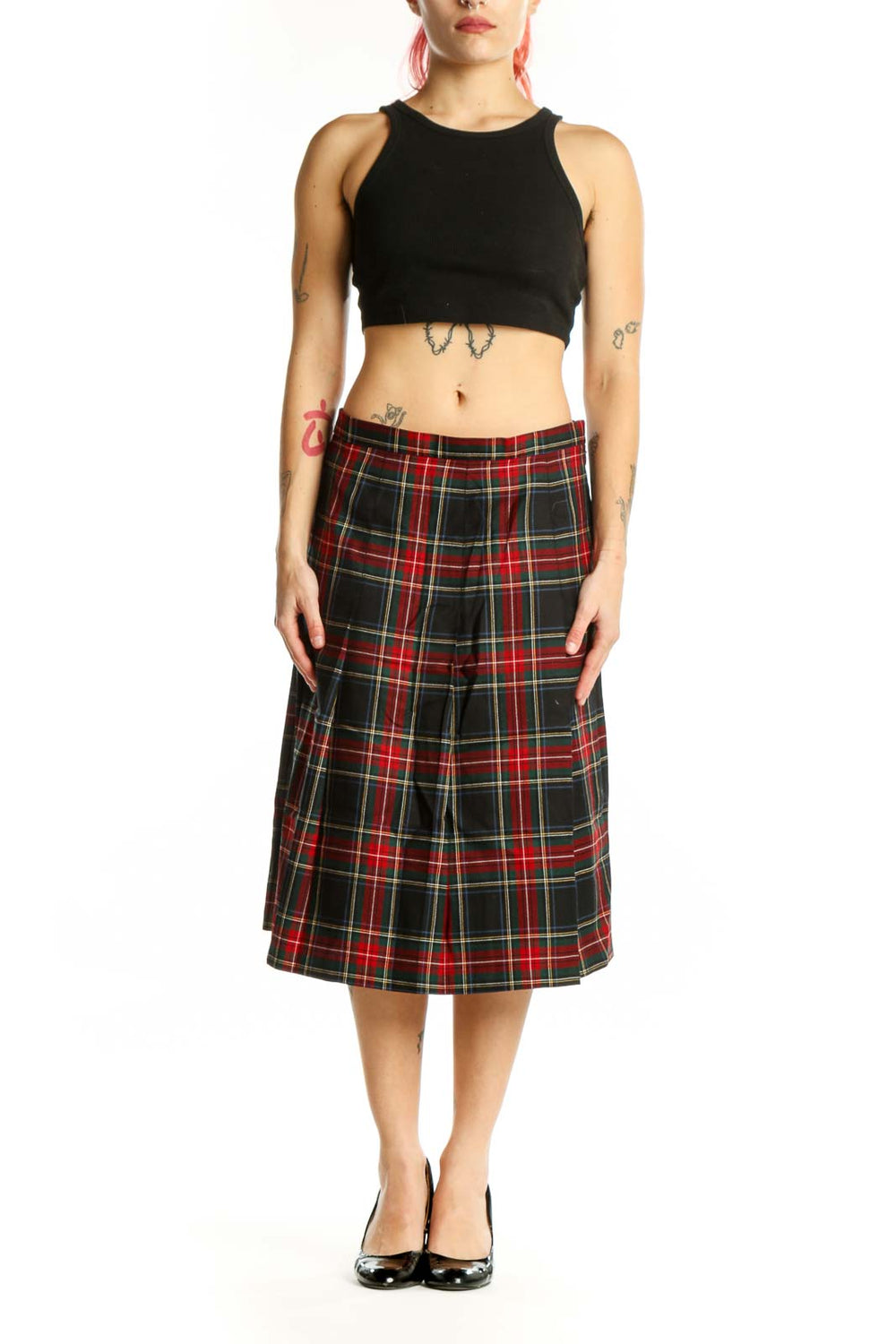 Red tartan plaid A-line wool skirt by Pendleton, front view showing classic plaid pattern and flattering midi length