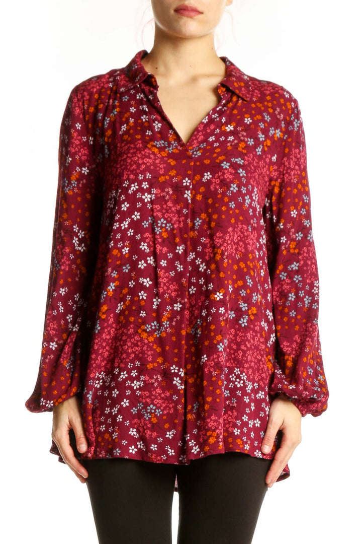 Burgundy floral rayon button-up blouse with multicolor print, long sleeves, and relaxed fit - front view