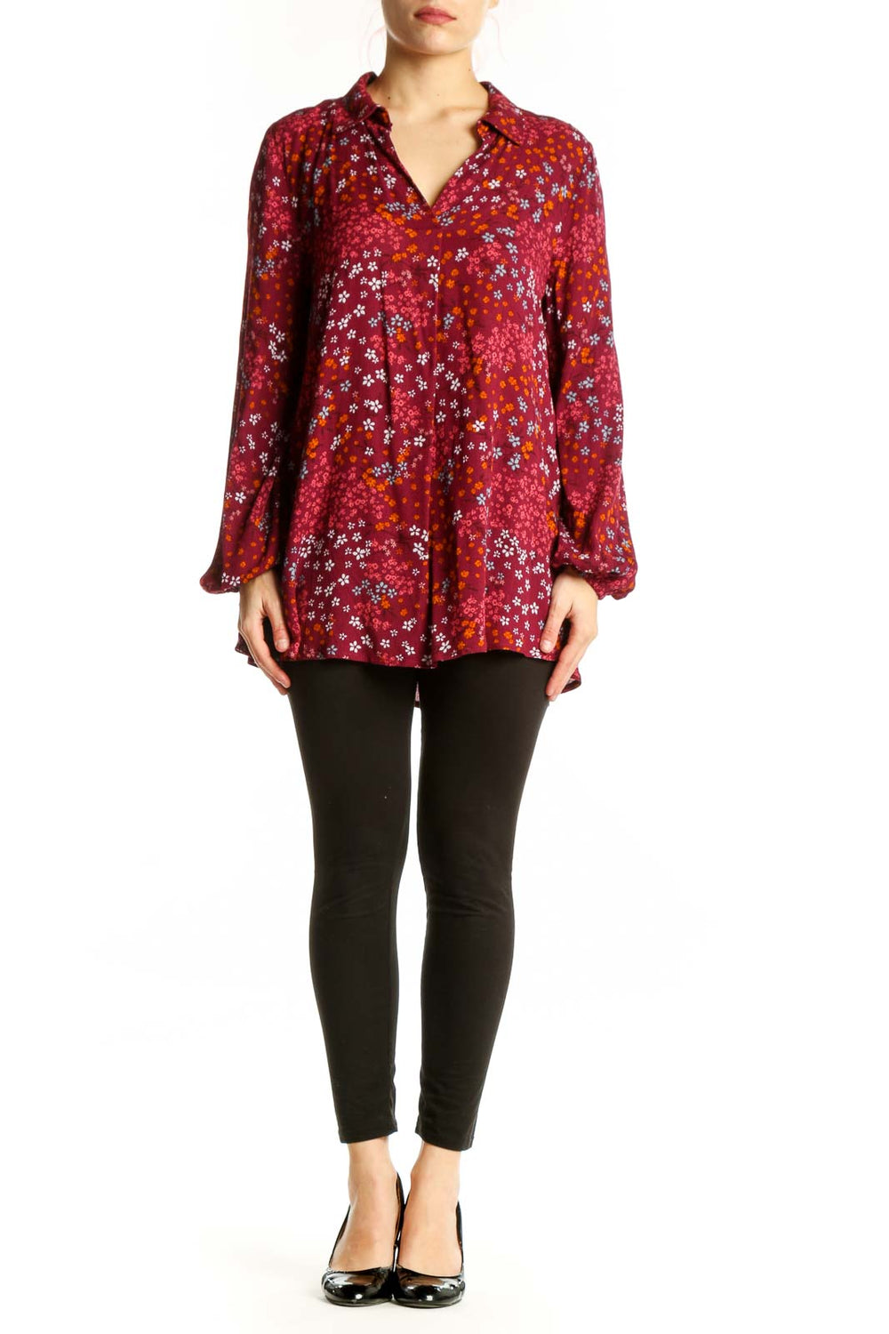 Burgundy floral rayon button-up blouse with multicolor print, long sleeves, and relaxed fit - front view