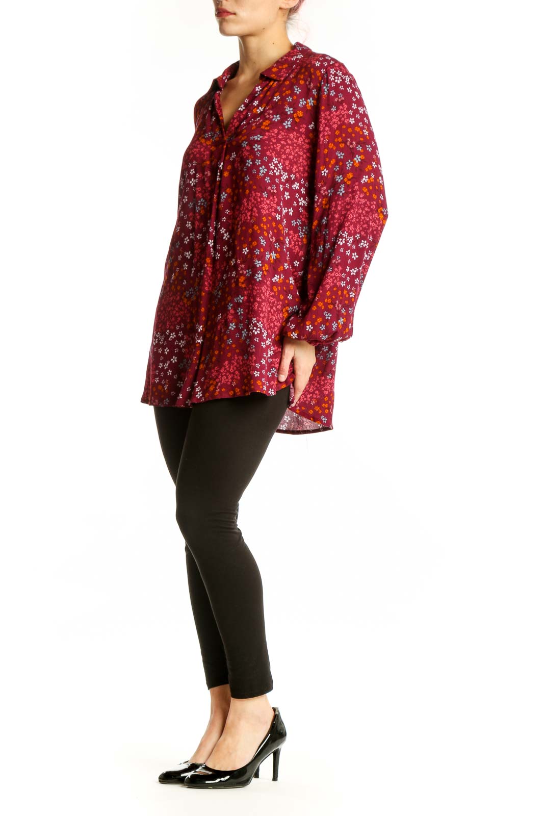 Burgundy floral rayon button-up blouse with multicolor print, long sleeves, and relaxed fit - front view