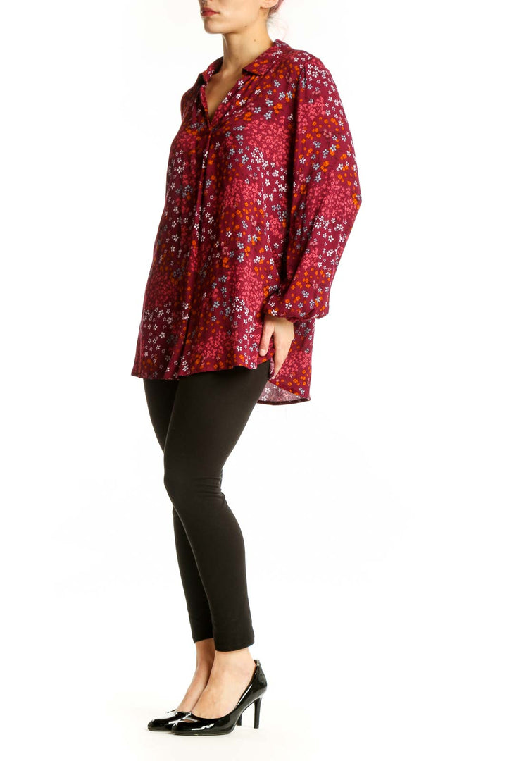 Burgundy floral rayon button-up blouse with multicolor print, long sleeves, and relaxed fit - front view