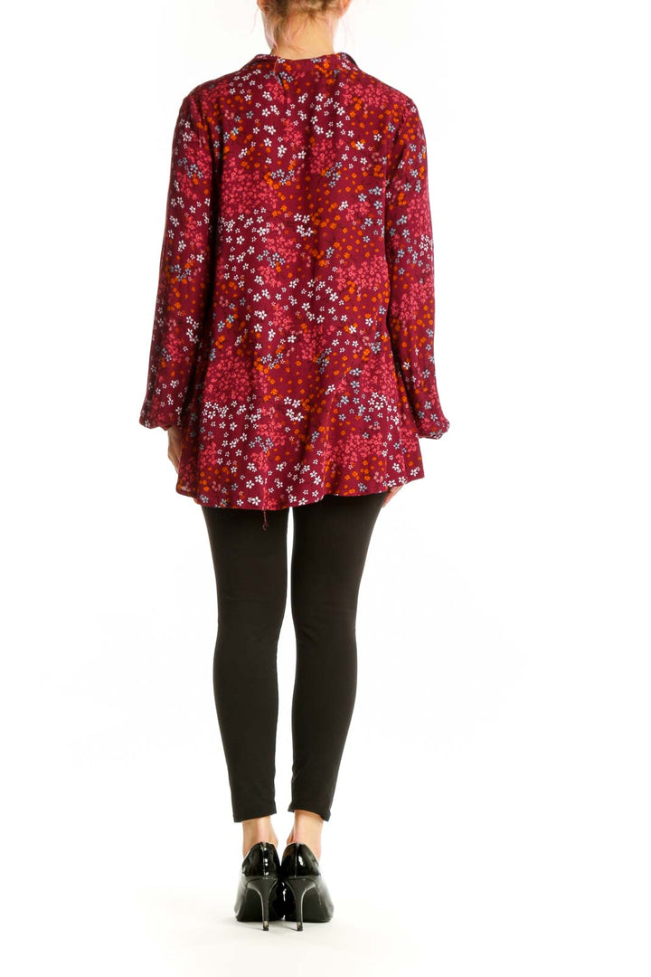 Burgundy floral rayon button-up blouse with multicolor print and A-line silhouette - back view