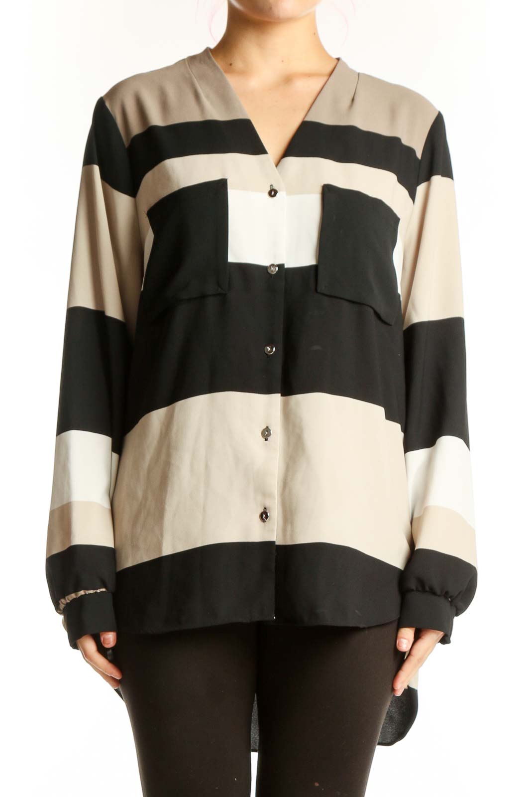 Alfani black and cream striped button-up blouse front view on model, XXL size