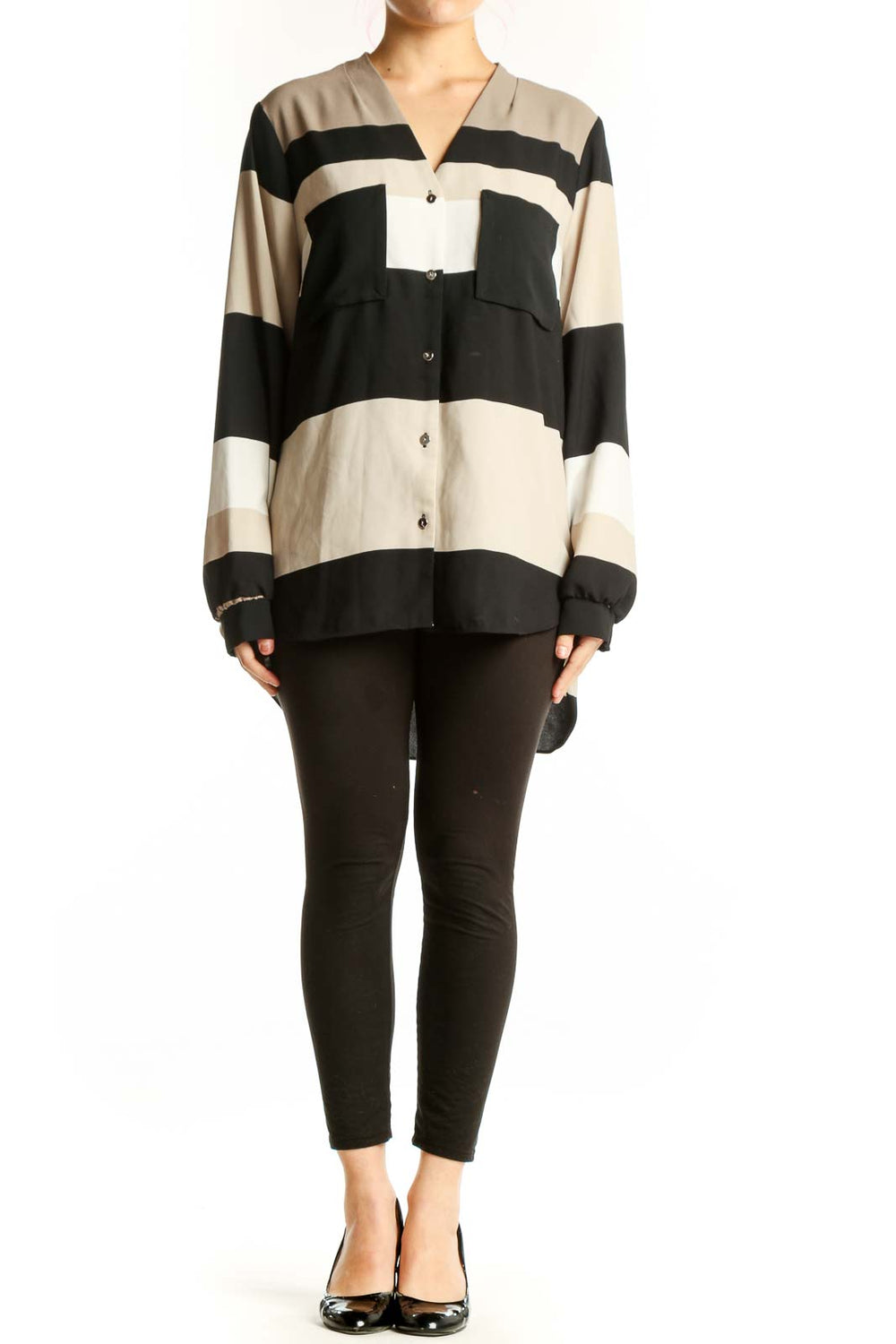 Alfani black and cream striped button-up blouse front view on model, XXL size