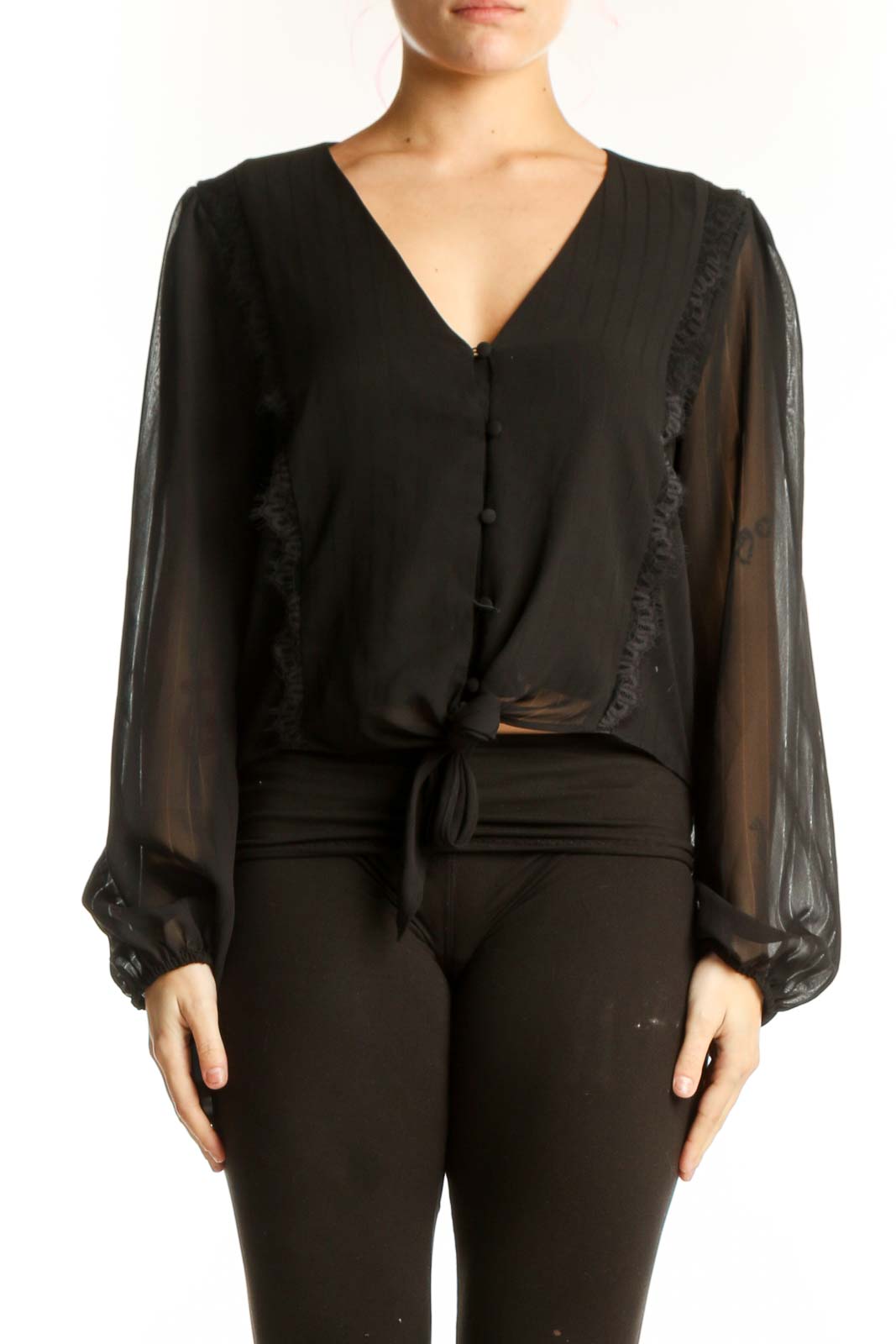 Black sheer ruffle tie-front blouse with V-neckline and voluminous sleeves, front view