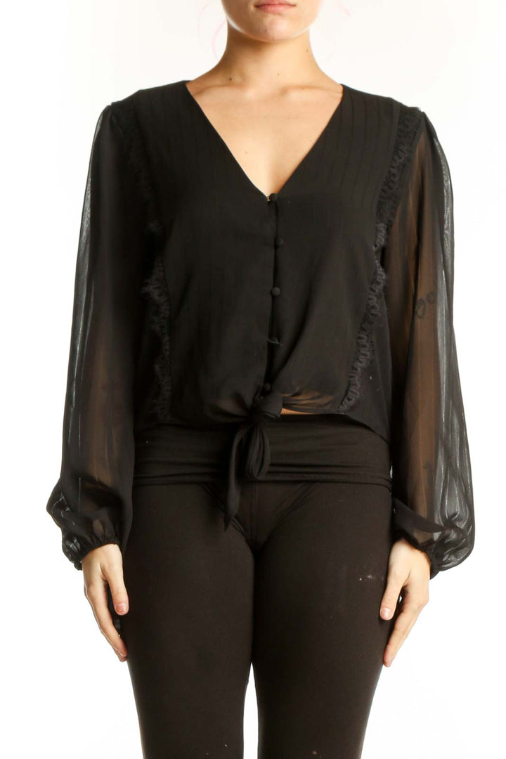 Black sheer ruffle tie-front blouse with V-neckline and voluminous sleeves, front view