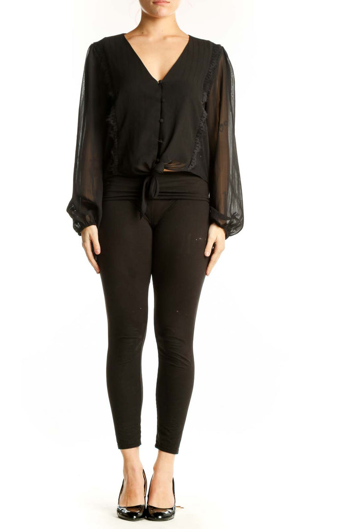Black sheer ruffle tie-front blouse with V-neckline and voluminous sleeves, front view