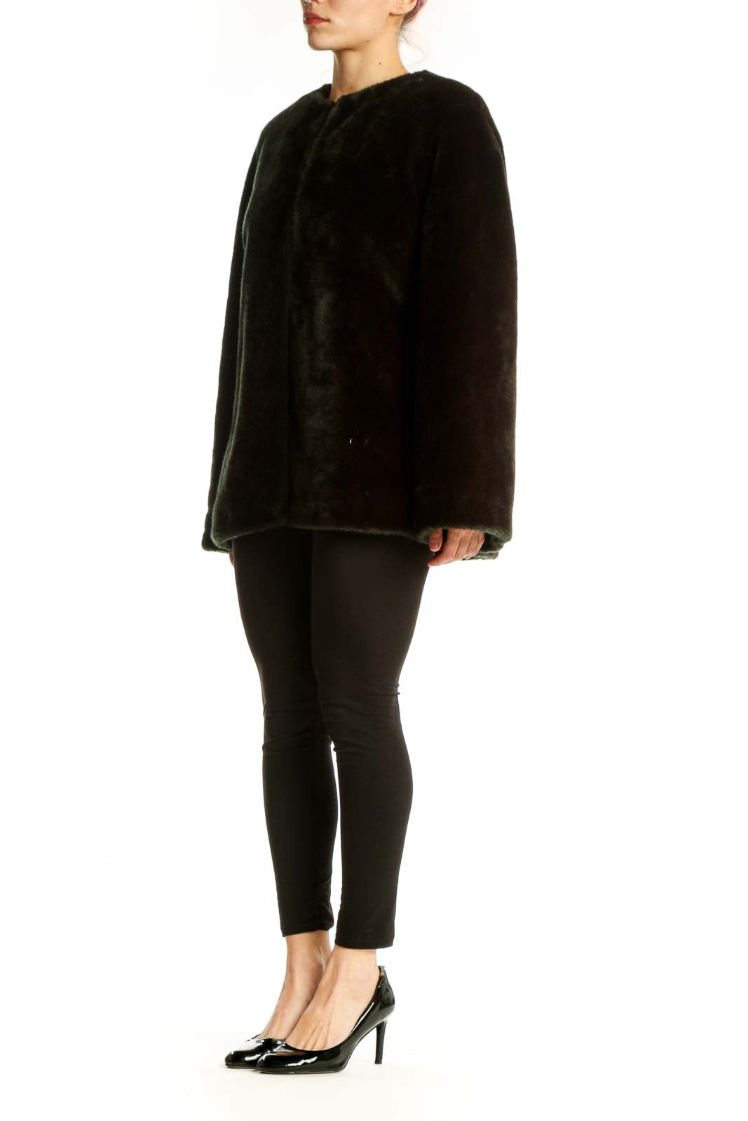 Black velvet button-front jacket with oversized fit and relaxed silhouette