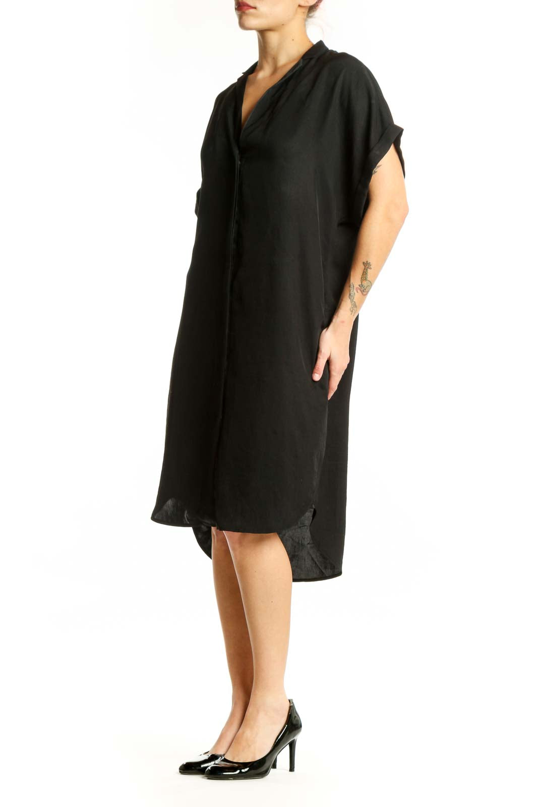 Black button-front shirt dress with rolled sleeves and relaxed fit, front view