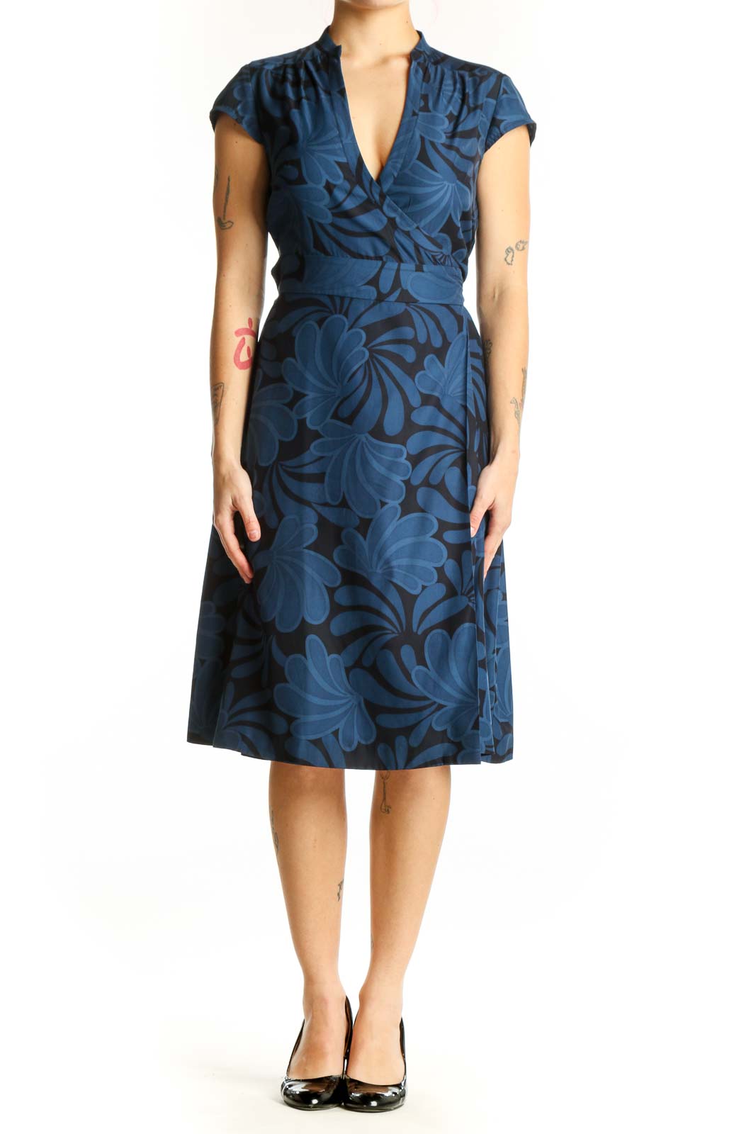 Navy floral wrap midi dress with cap sleeves and wrap-front design, front view