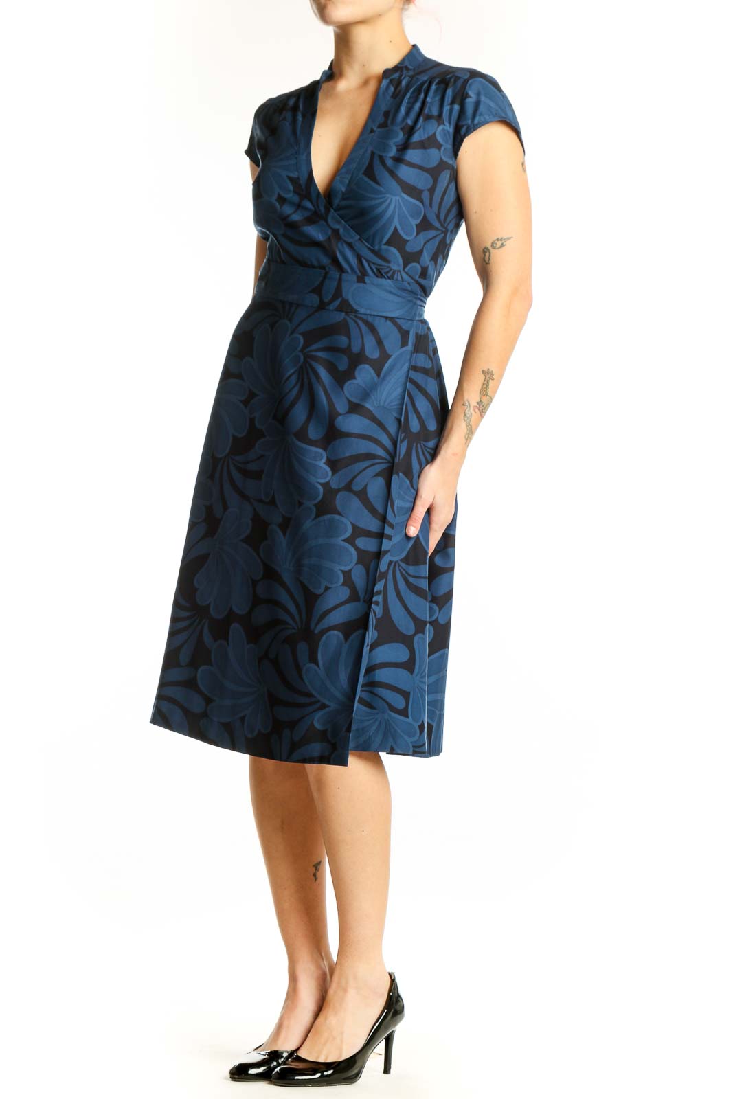 Navy floral wrap midi dress with cap sleeves and wrap-front design, front view