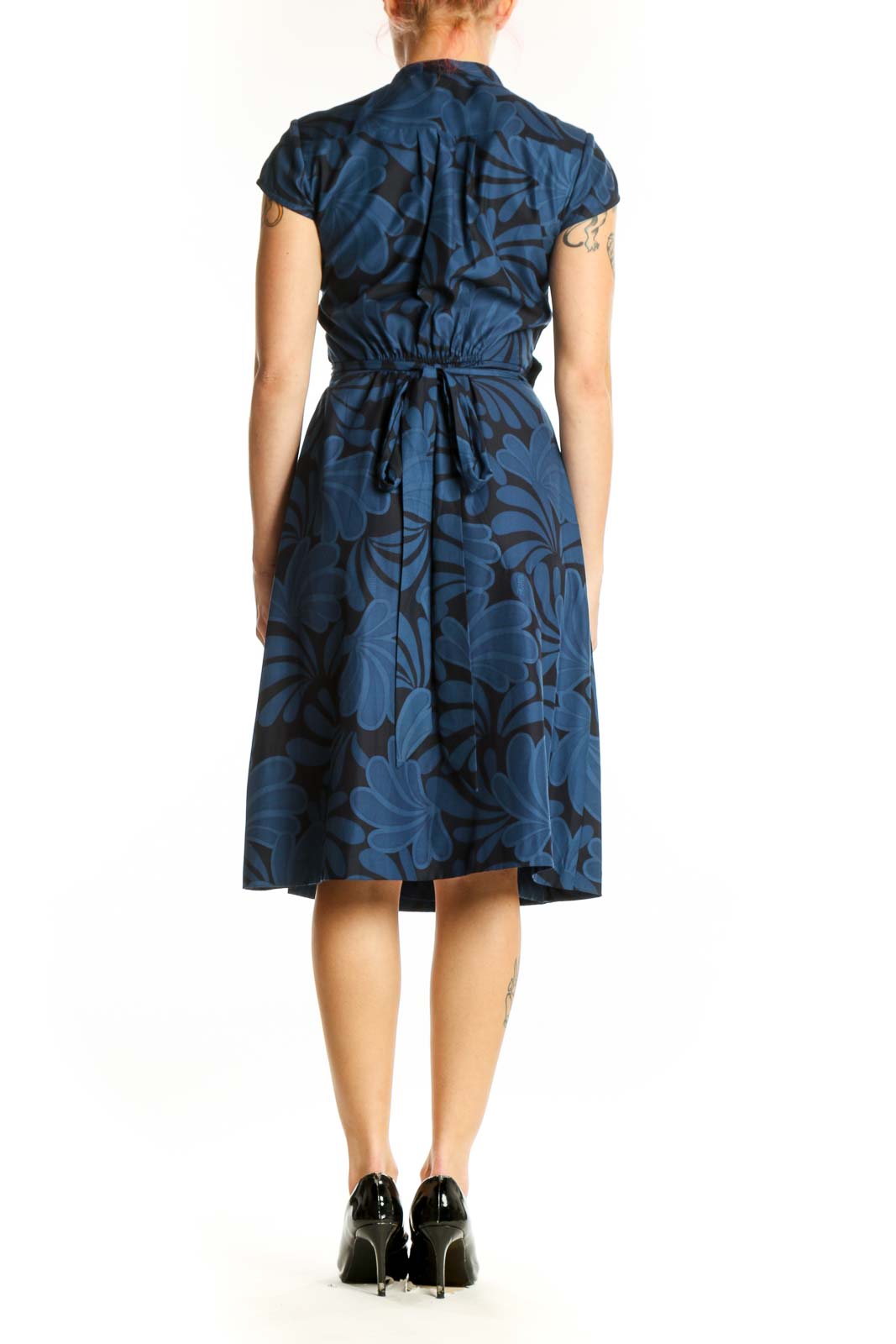 Navy floral wrap midi dress with cap sleeves and wrap-front design, back view