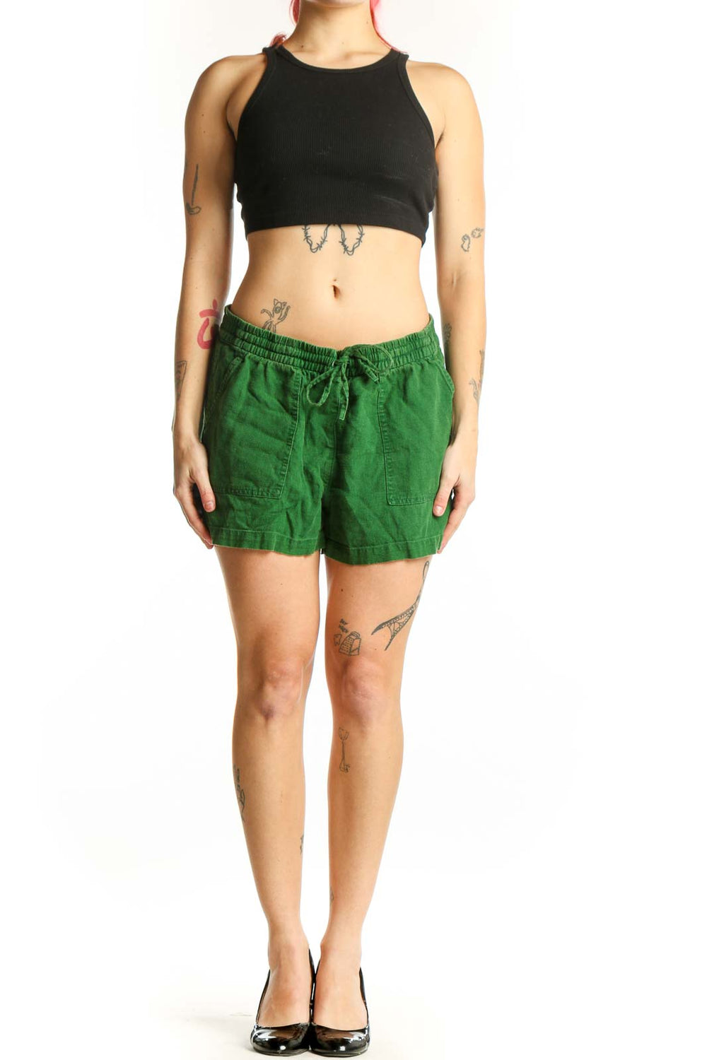 Front view of green linen viscose drawstring shorts with elasticized waistband and patch pockets