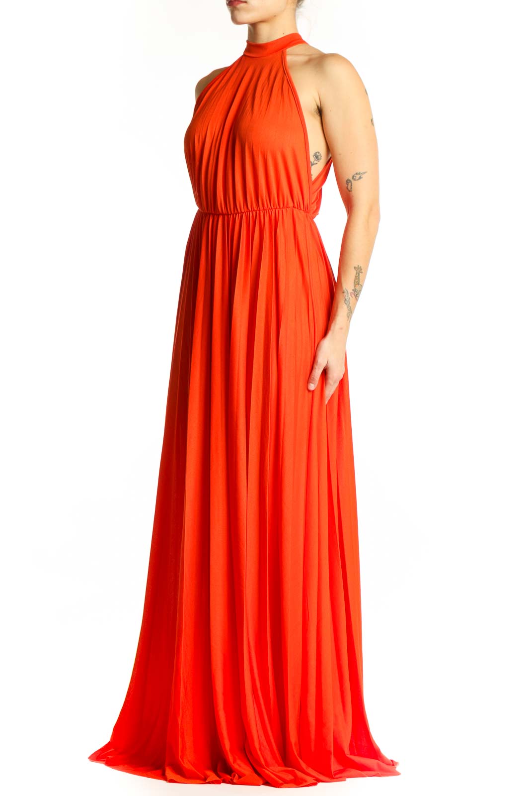 Red halter pleated maxi dress with cinched waist and flowing skirt, front view